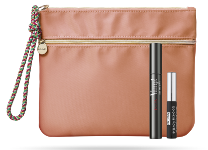 Pupa - VAMP! KIT - MASCARA ALL IN ONE & EYEBROW FIXING GEL Комплект спирала за обемни, издължени и извити мигли, Фиксиращ гел за вежди и несесер.