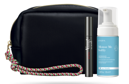 Pupa - VAMP! KIT - MASCARA ALL IN ONE & MOUSSE ME SOFTLY Комплект спирала за обемни, издължени и извити мигли, Почистваща пяна и несесер.