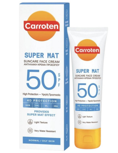 Carroten - Матиращ  слънцезащитен крем за лице Super Mat SPF50. 50 ml